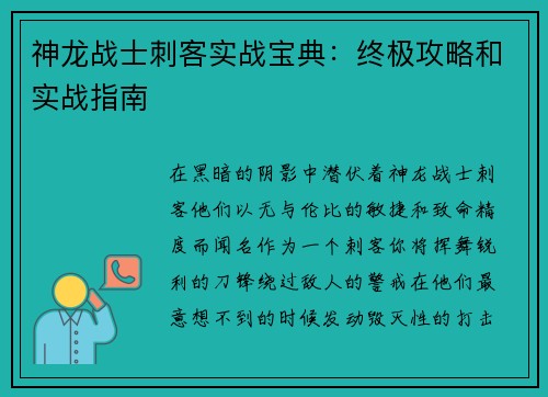 神龙战士刺客实战宝典：终极攻略和实战指南